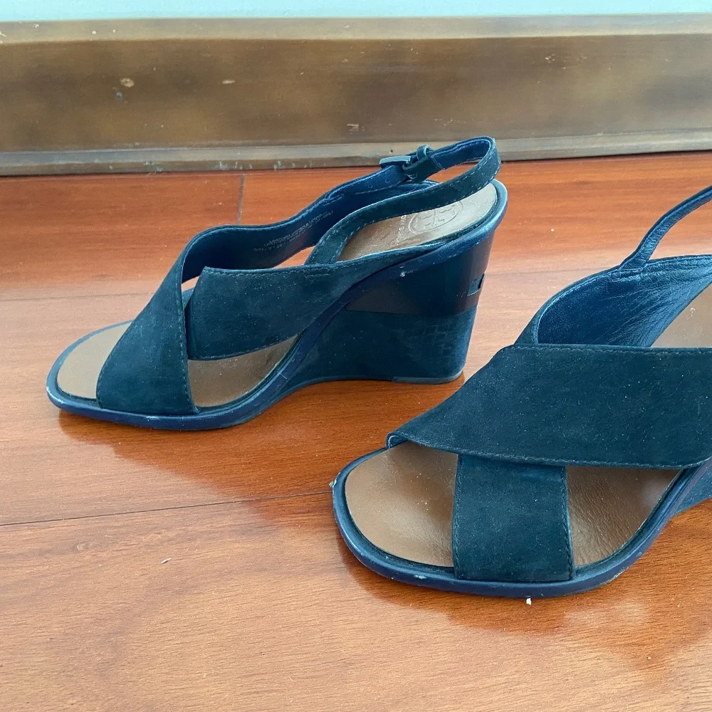 TORY BURCH GABRIELLE NUBUCK wedge Sandals navy blue shoes size 6 - Picture 2 of 8